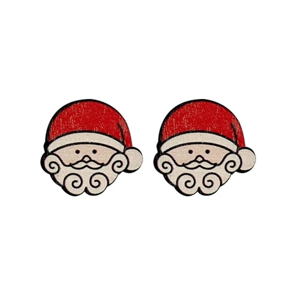 Christmas Santa Natural Wood Light-weight‎ Stud Earrings-Stocking Stuffer